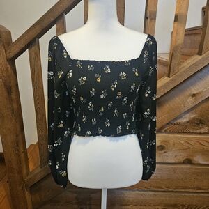 Love Tree Black Floral Smocked Crop Top